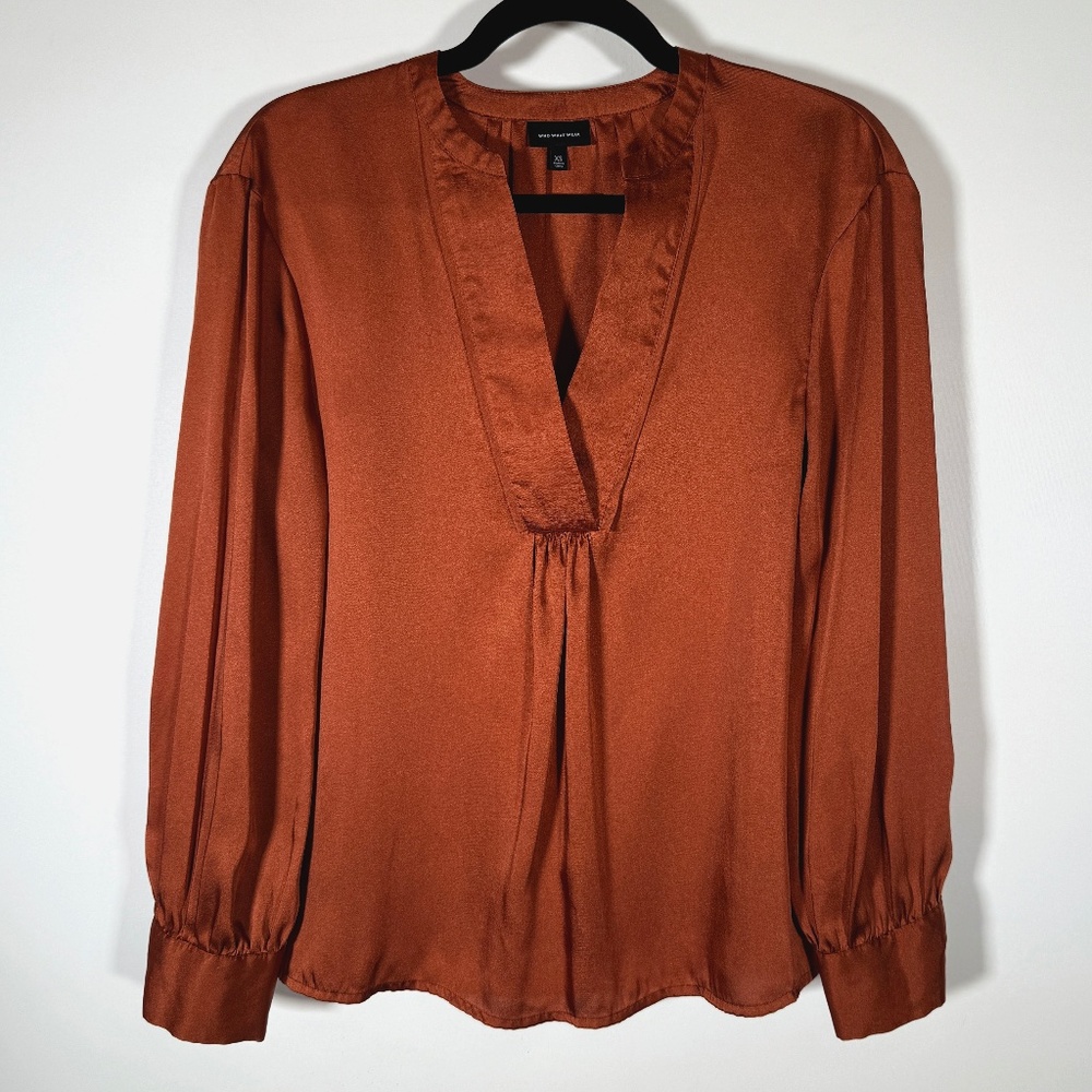 Who What Wear - Rust Silky Flowy Blouse Long Sleeve V Neck Size XS